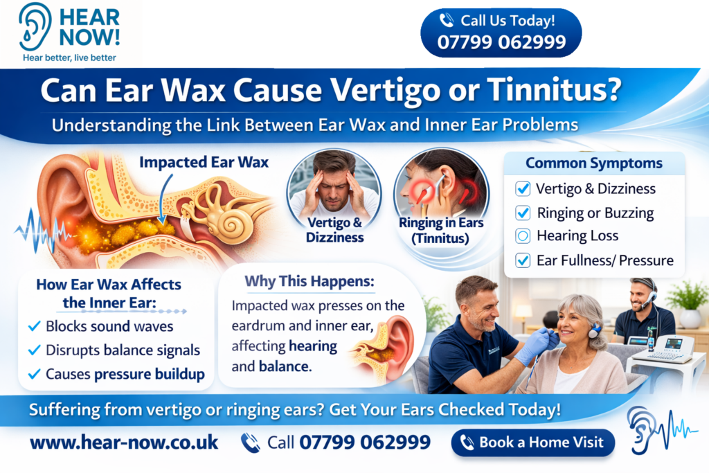 Illustration of an ear with impacted wax causing vertigo and ringing (tinnitus)